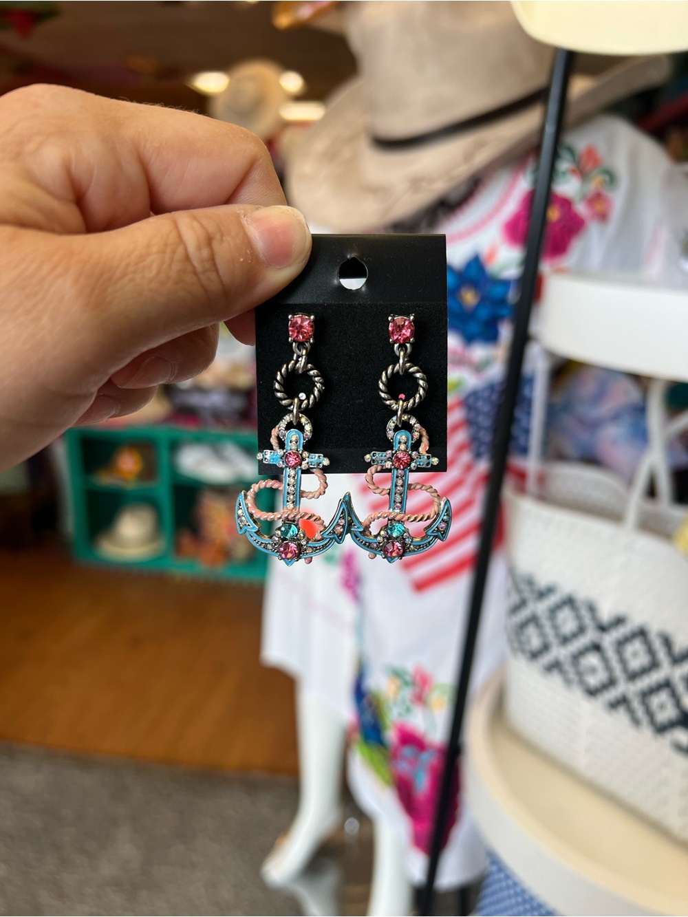 Pink and Turquoise Anchor Drop Earrings